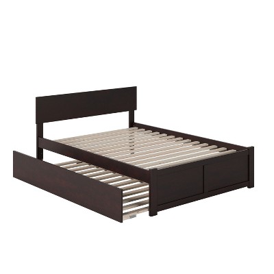 HomeStock Orlando Full Platform Bed with Flat Panel Footboard and Turbo Charger with Twin Size Urban Trundle in Walnut