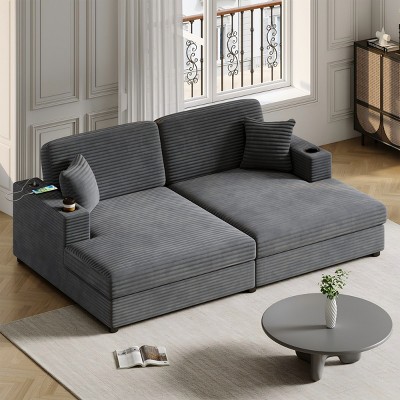 86 Inch Loveseat Sectional Sofa Bed,Corduroy Sleeper Sofa with Two USB Ports,Two Cup Holders and Two Throw Pillows-Maison Boucle