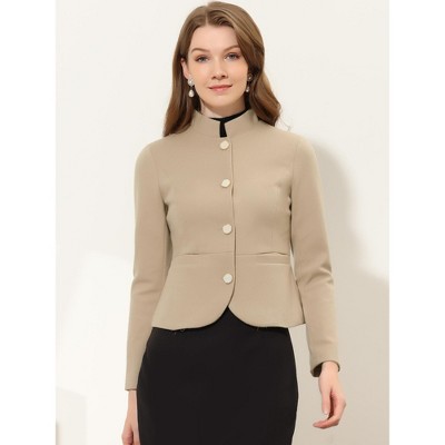 Allegra K Women's Stand Collar Pocket Single Breasted Long Sleeve Short Coat Jacket Large Khaki — фото 2