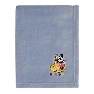 NoJo Disney Mickey and Friends Blue, Gold and Red Pluto and Mickey Mouse Be Happy Super Soft Appliqued Baby Blanket