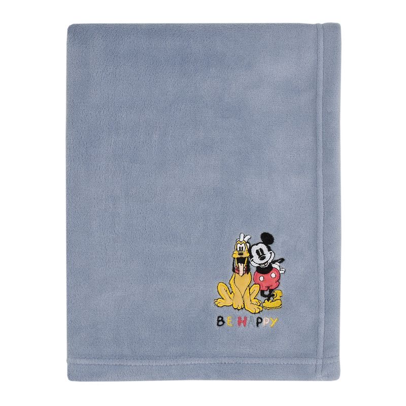 Disney Mickey and Friends Blue, Gold and Red Pluto and Mickey Mouse Be Happy Super Soft Appliqued Baby Blanket, 1 of 5