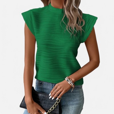 Amaryllis Women's Textured Pleated Top High Neck Cap Sleeve Elegant Structured Blouse
