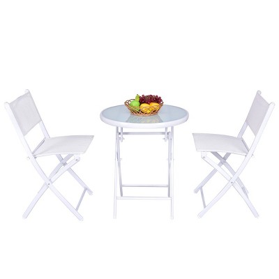 White Metal Folding Bistro Set with Glass Table Top