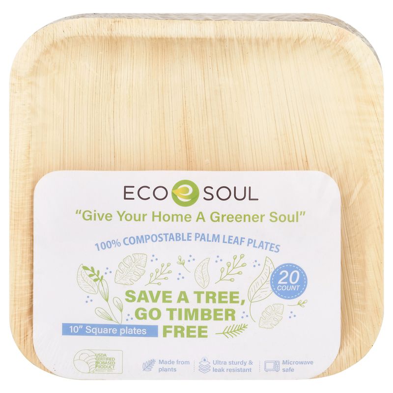 Ecosoul 10" Palm Leaf Square Plates - Case of 8/20 ct, 2 of 4