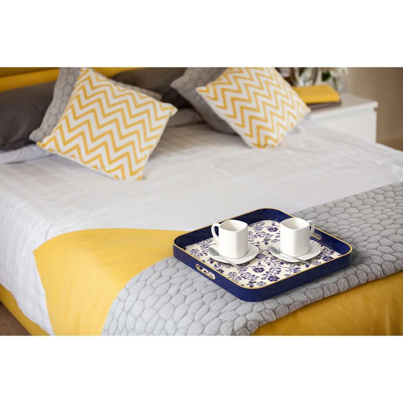 American Atelier 2-Piece Square Serving Trays with Handles, Blue and Floral Design with Gold Rim, 5 of 8