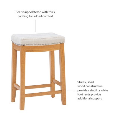 Natural Wood Backless Saddle Counter Stool with Striped Linen Seat
