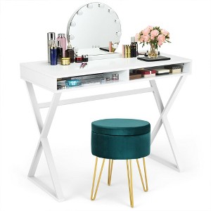 Costway Vanity Table Set Writing Desk Makeup Table w/Round Storage Ottoman Pink/Green - 1 of 4