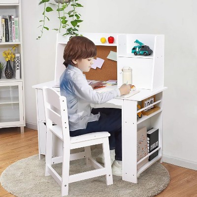 Kids Desk and Chair Set, Wooden Study Table with Storage Shelf, Bulletin Board, Children School Learning Desk Set, Writing Table for Boys and Girls