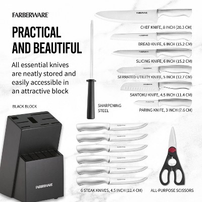 Farberware 15-Piece Stainless Steel Knife Block Set with Black Wood Block