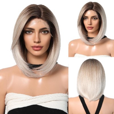 Jessie's Wig 14 Inch Straight Bob Wig Synthetic Hair 13x6 Lace Wigs Ombre Grey Color With Dark Roots 1 Pc/Pack