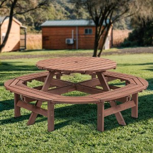 PAGED Outdoor Dining Set Wood Round Patio Dining Set with Built-in Benches, Umbrella Hole for Lawn, Patio, Garden - 1 of 4