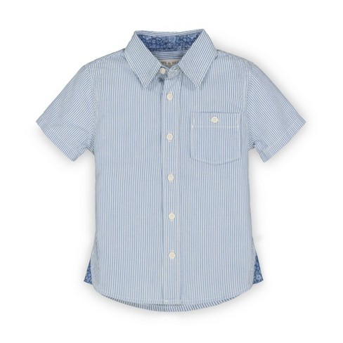 Short sleeve Baggy shirt in Organic Cotton seersucker . Navy stripes