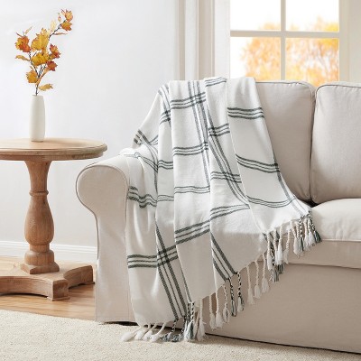 Kate Aurora Woodland Plaid Fringed Accent Throw Blanket - 50 In. X 60 In. -  White/green : Target