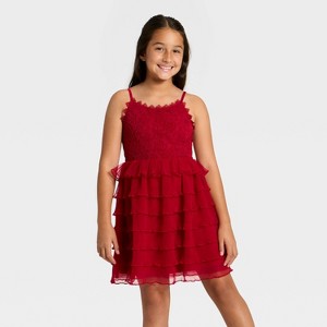 Girls' Tiered Lace Dress - Cat & Jack™ Dark Red - 1 of 3