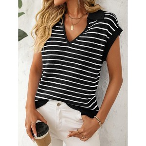 Women's V-Neck Sleeveless Knit Top Striped Collared Sweater for Casual Style - 1 of 4