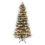 Puleo 6.5' Pre-Lit Flocked Halifax Fir Artificial Christmas Tree with Pinecones & Berries Clear Lights