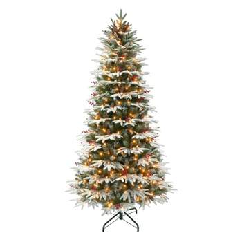 Puleo 6.5' Pre-Lit Flocked Halifax Fir Artificial Christmas Tree with Pinecones & Berries Clear Lights