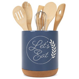 Elanze Designs Let's Eat Laurel Wheat Ceramic Cork Bottom Navy Blue Large Capacity Utensil Holder Crock for Countertop Storage, Stylish & Durable for - 1 of 4