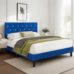 VECELO Queen/Full/Twin Upholstered Platform Bed Frame with Button Tufted Adjustable Headboard - 1 of 4