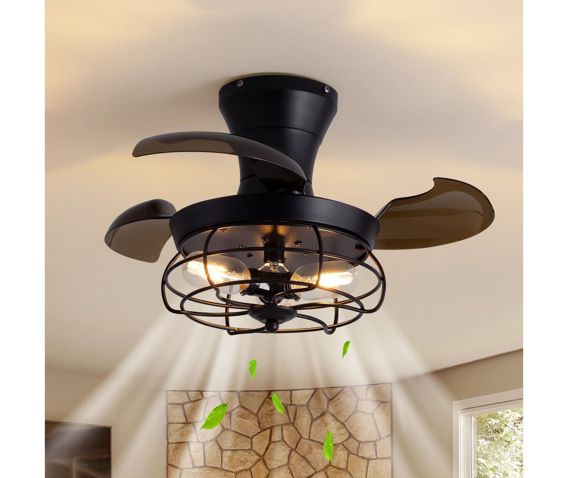 Ludomide 22 in. Indoor Industrial Black Small Caged Retractable Low Profile Ceiling Fan with Remote Included and No Bulb Included for Bedroom