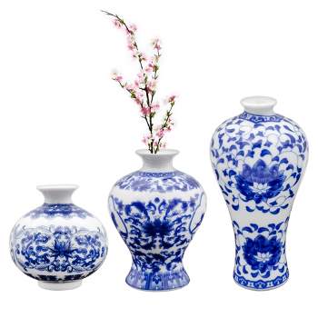 AuldHome Design Blue and White Chinoiserie Vases 3pc Set; Mini Decorative Bud Vases for Farmhouse, Cottagecore, and Vintage Decor