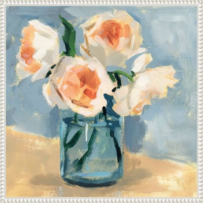 Peonies in Mason Jar II 22"x22" White Framed Canvas Wall Art