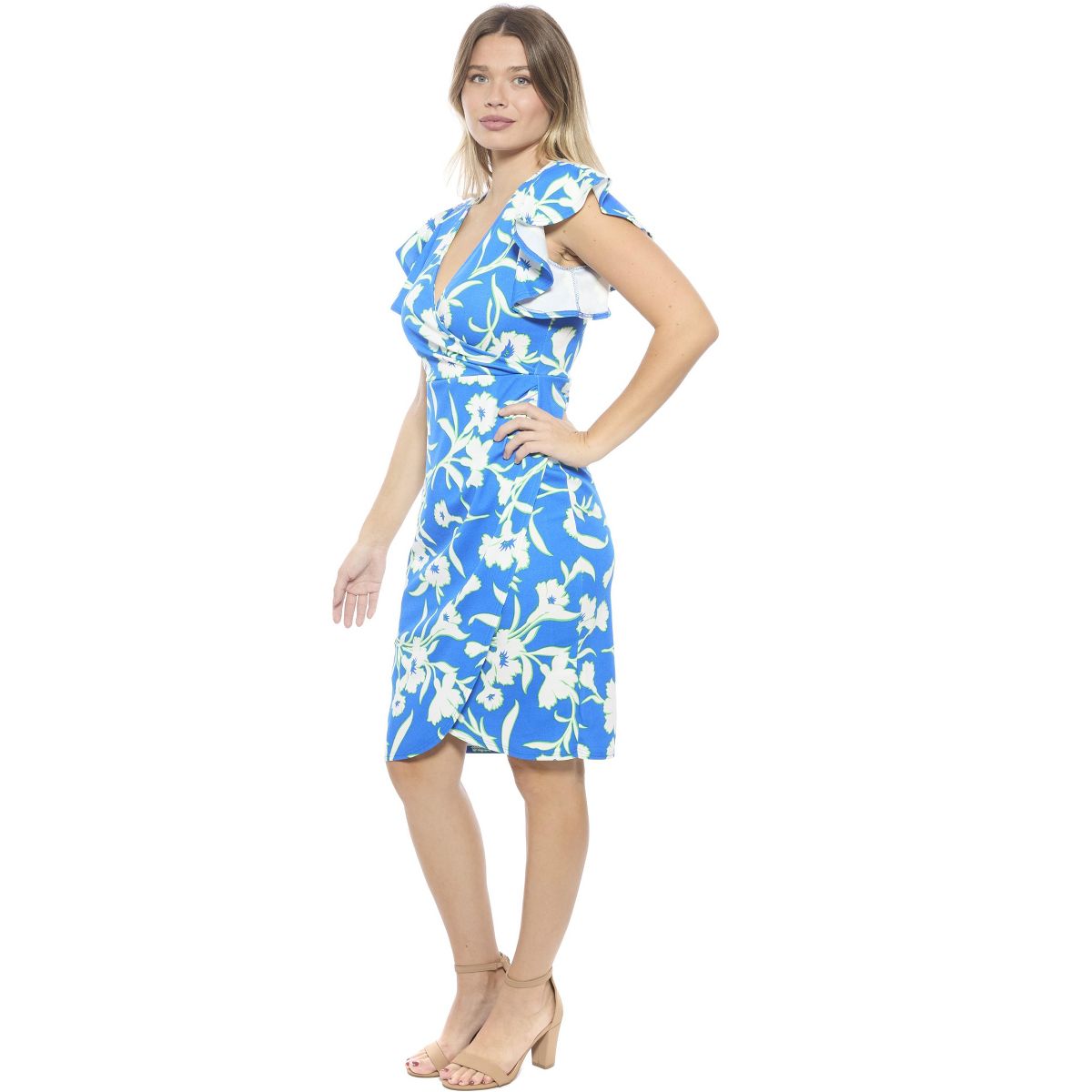 Womens Floral Flutter Sleeve Faux Wrap Knee Length Dress - 24seven Comfort Apparel™ - thumbnail 2