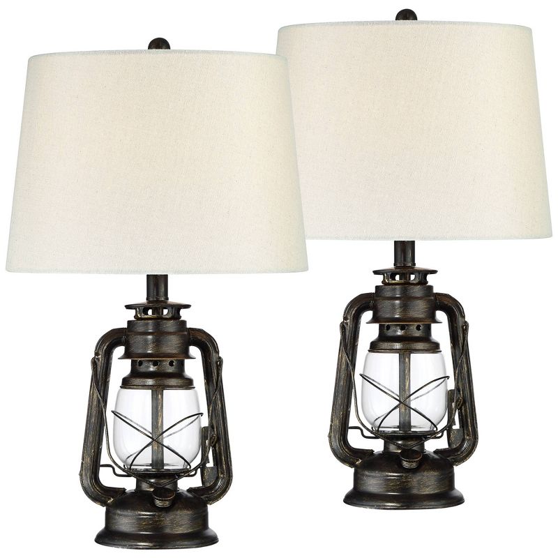 Franklin Iron Works Murphy 23" High Miner Lantern Small Industrial Accent Table Lamps Set of 2 Brown Weathered Bronze Finish Metal Living Room Bedroom, 1 of 10