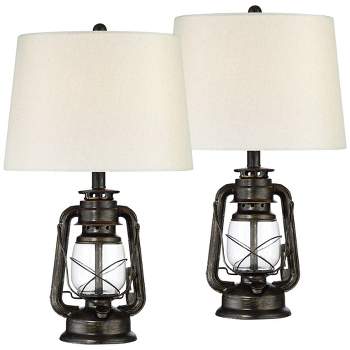 Franklin Iron Works Murphy 23" High Miner Lantern Small Industrial Accent Table Lamps Set of 2 Brown Weathered Bronze Finish Metal Living Room Bedroom