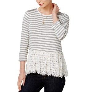 maison Jules Womens Striped Lace-Peplum Embellished T-Shirt - 1 of 1
