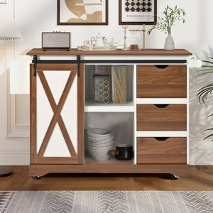 Bella Depot 55.5" Farmhouse Kitchen Island with Drop Leaf, Rolling Kitchen Cart on Wheels with Barn Door, Power Outlet, Spice Rack - 1 of 4