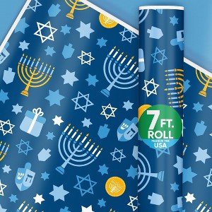 Big Dot of Happiness Hanukkah Menorah Wrapping Paper, Chanukah Holiday Gift Wrapping Paper Roll, Hanukkah Gift Wrapping, 24 in x 7 feet, 1 Roll - 1 of 4