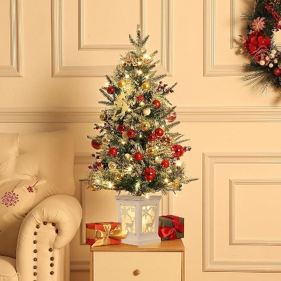 3FT Pre-Lit Artificial Christmas Tree Tabletop with 78 Warm White Lights, Flocked Potted Christmas Tree with Berry Clusters for Porch, Green, 2 Pack