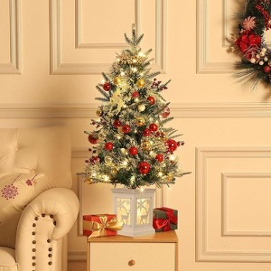 3FT Pre-Lit Artificial Christmas Tree Tabletop with 78 Warm White Lights, Flocked Potted Christmas Tree with Berry Clusters for Porch, Green, 2 Pack - 1 of 4