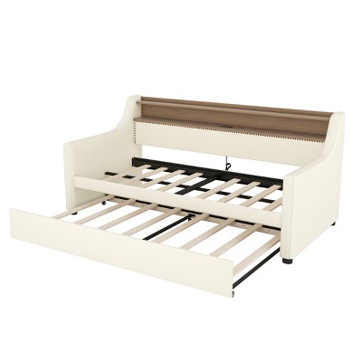 TopComfy Beds Twin Size Daybed with Trundle Bed Upholstered Design with Soft Padded Seating Bedroom Furniture for Bedroom, White, 79.5"*45.3"*37.4"