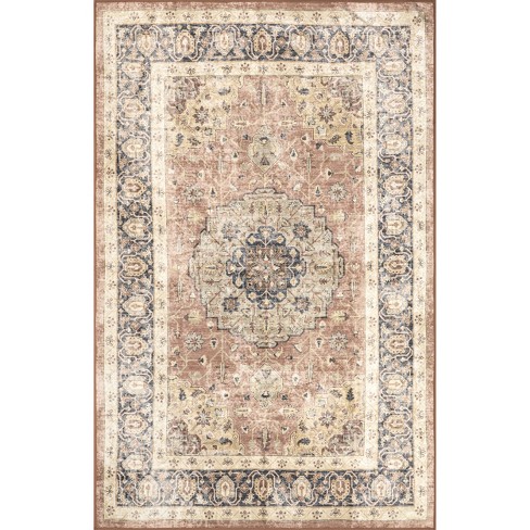 Paisley Machine Washable Faded Floral Border Medallion Area Rug