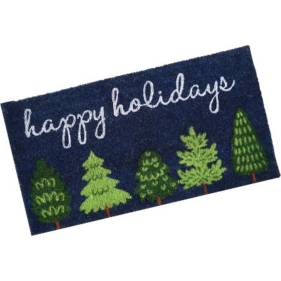 Sunnydaze Indoor/Outdoor PVC and Coir Decorative Holiday Entrance Doormat Rug - 17" x 30" - Blue/Green Trees