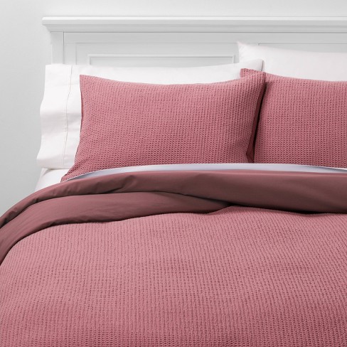 Full Queen Washed Waffle Weave Duvet Cover Sham Set Mauve