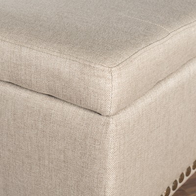 Beige Tufted Fabric Storage Ottoman with Nailhead Trim