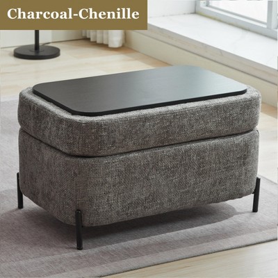 Hrinhom 30.3"W Chenille Upholstered Storage Ottoman With Reversible Tray and Metal Legs