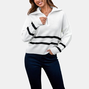 Women's White Collared Nautical Stripes Half Zip Sweater - Cupshe - 1 of 4