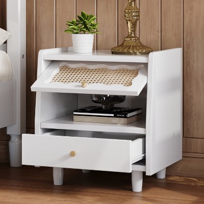 TIRAMISUBEST Wooden Nightstand with Rattan-Woven Storage Cabinet and 1 Drawer