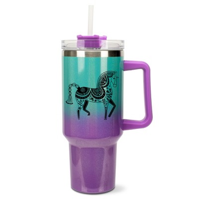 Elanze Designs 40 Ounce Ombre Travel Tumbler With Straw and Lid Stainless Steel Double Wall Insulated Majestic Floral Horse Teal and Purple Glitter
