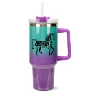 Elanze Designs 40 Ounce Ombre Travel Tumbler With Straw and Lid Stainless Steel Double Wall Insulated Majestic Floral Horse Teal and Purple Glitter - 1 of 4