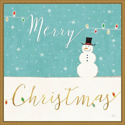 16" x 16" Merry Christmas Snowman by Veronique Charron Framed Canvas Wall Art - Amanti Art