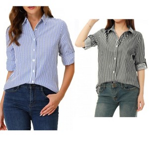Allegra K Women's Striped Button Down Roll-up Long Sleeves Point Collar Shirt 2 Packs - 1 of 4