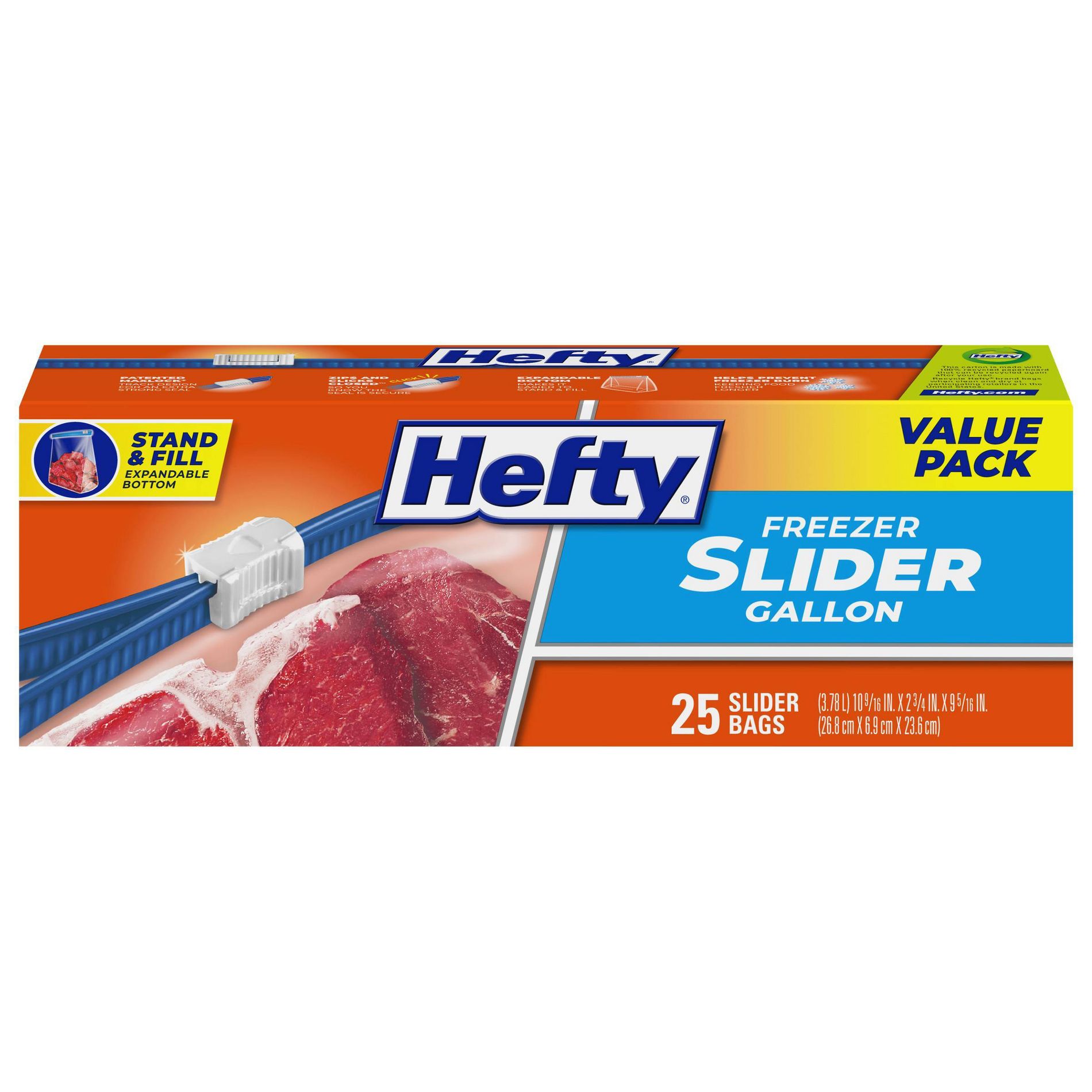 Hefty Gallon Freezer Storage Slider Bags - 25ct: BPA-Free, Clear, 10.562" Length