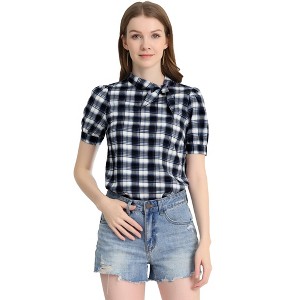 INSPIRE CHIC Women's Tie Neck Short Sleeve Plaid Blouse - 1 of 4