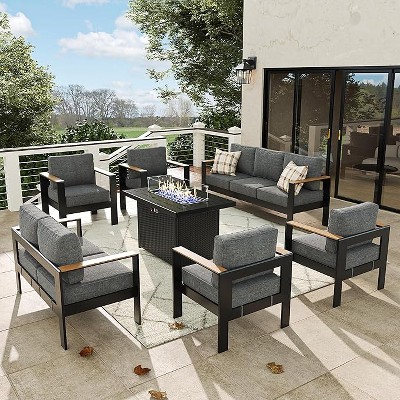 LayinSun 7 Pieces Aluminum Outdoor Patio Furniture Set with Fire Pit Table, Outside Metal Patio Conversation Sets with Deep Seating and Thick Cushions