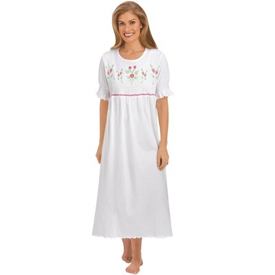 Collections Etc Floral Embroidered Smocked Bust Short Sleeve Nightgown